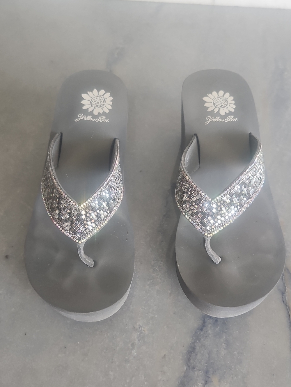Yellow Box Silver Jeweled Wedge Sandals